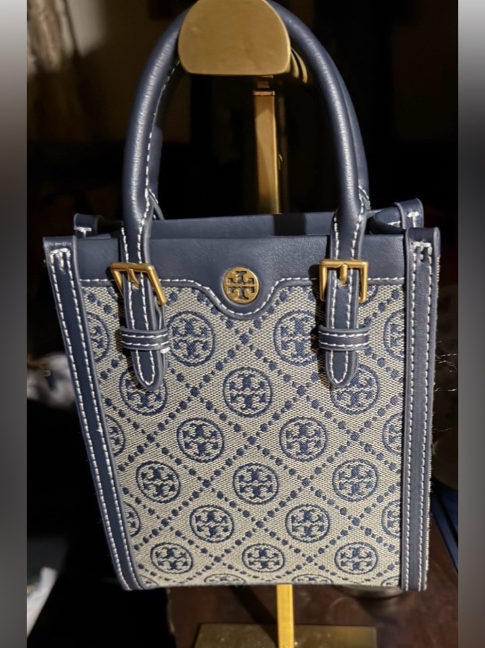 Tory Burch T Monogram Jacquard Mini Tote, featuring a structured blue and cream. - Picture 2 of 4